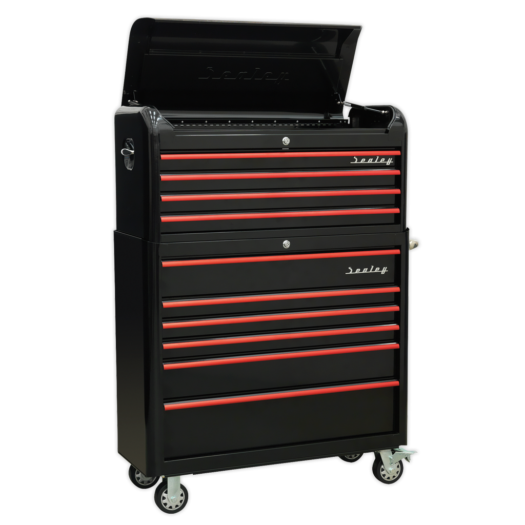 Retro Style Wide Topchest & Rollcab Combination 10 Drawer - Black with Red Anodised Drawer Pulls AP41COMBOBR