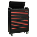 Retro Style Wide Topchest & Rollcab Combination 10 Drawer - Black with Red Anodised Drawer Pulls AP41COMBOBR