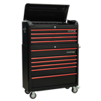 Retro Style Wide Topchest & Rollcab Combination 10 Drawer - Black with Red Anodised Drawer Pulls AP41COMBOBR