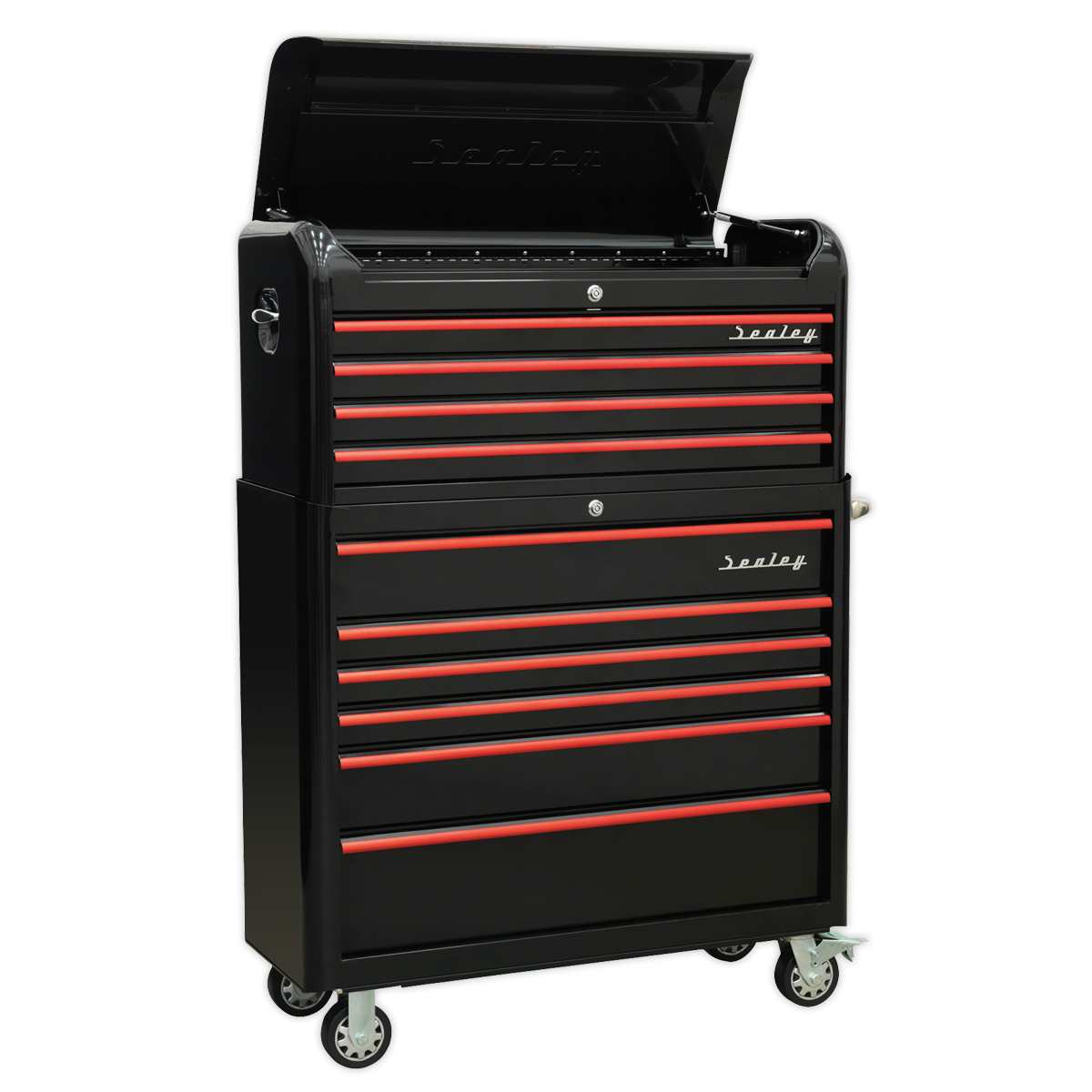 Retro Style Wide Topchest & Rollcab Combination 10 Drawer - Black with Red Anodised Drawer Pulls AP41COMBOBR