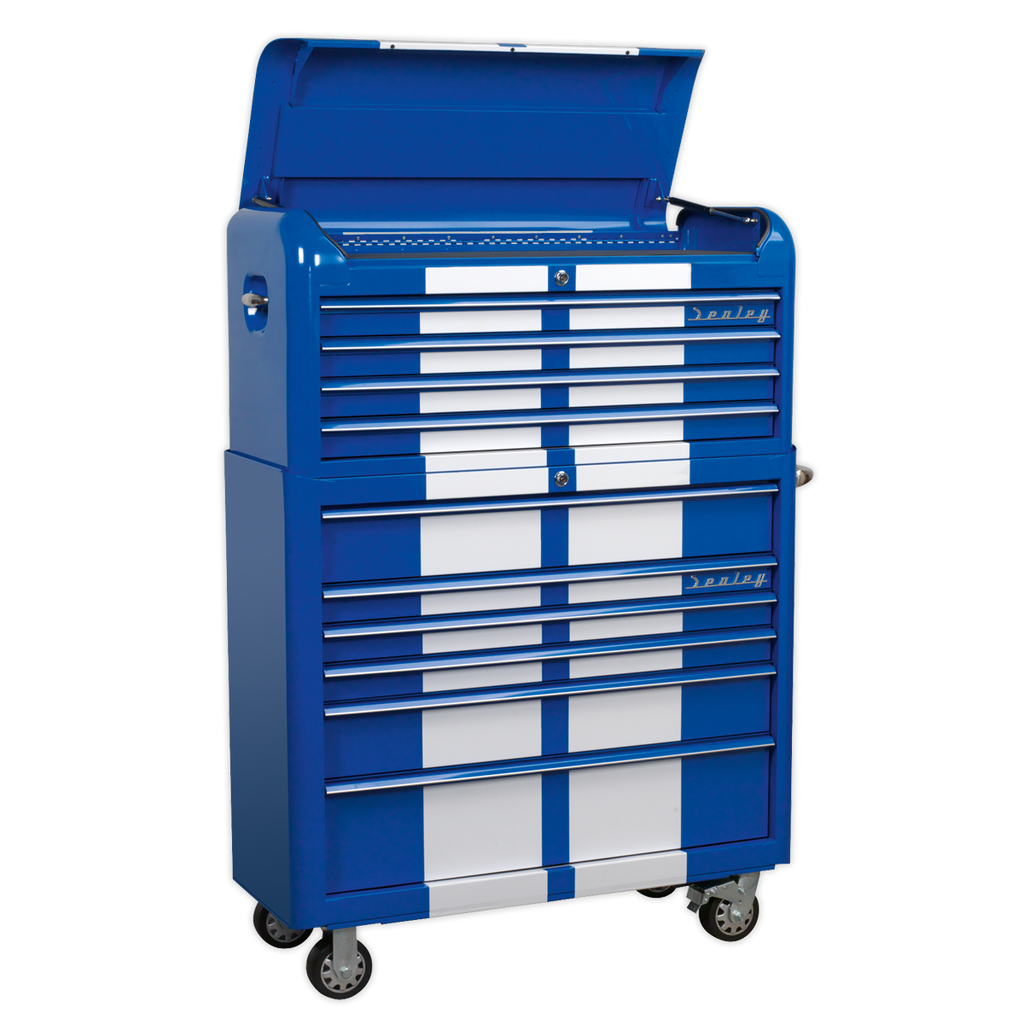 Retro Style Wide Topchest & Rollcab Combination 10 Drawer Blue with White Stripes AP41COMBOBWS