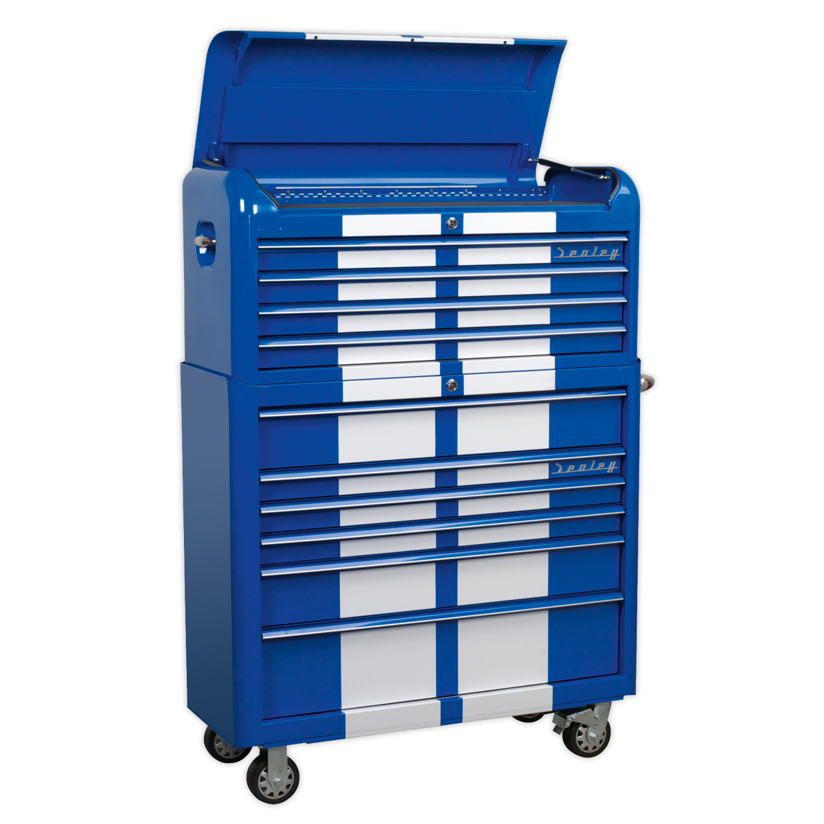 Retro Style Wide Topchest & Rollcab Combination 10 Drawer Blue with White Stripes AP41COMBOBWS