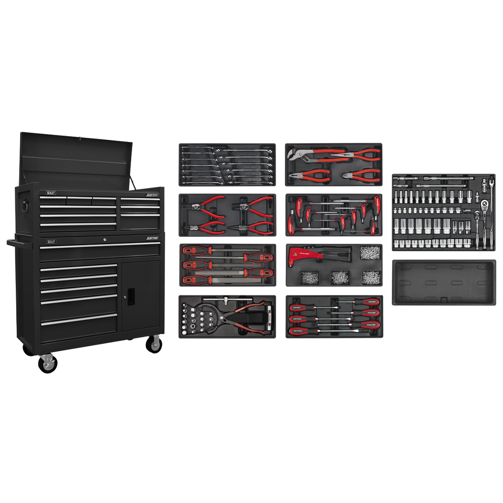 Topchest & Rollcab Combination 15 Drawer with 117pc Tool Kit - Black AP41STACKBCOMBO
