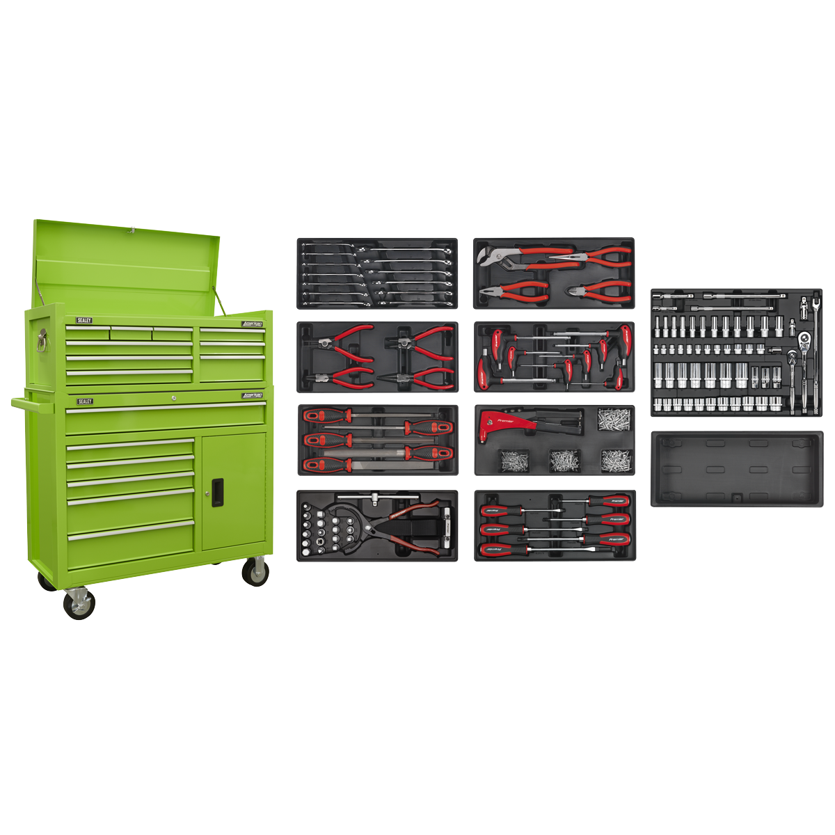 Topchest & Rollcab Combination 15 Drawer with 117pc Tool Kit - Green AP41STACKHVCOMBO