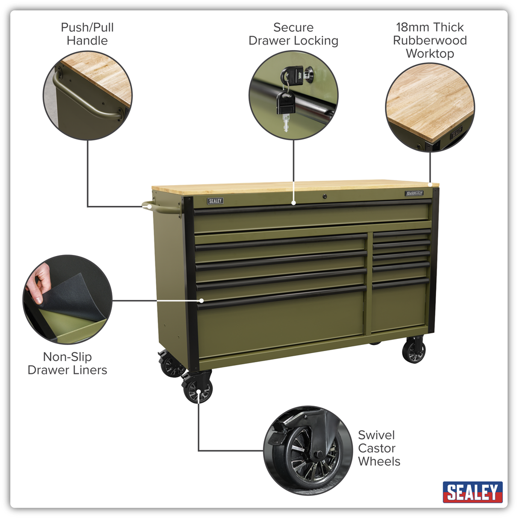 Mobile Trolley with Wooden Worktop & Power Bar 10 Drawer 1320mm AP5210KBE
