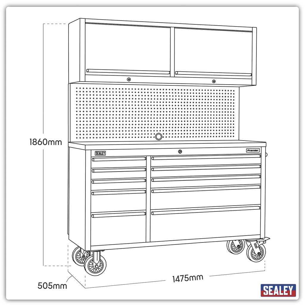 Mobile Stainless Steel Tool Cabinet 10 Drawer with Backboard & 2 Wall Cupboards AP5520SS
