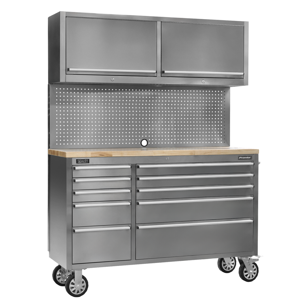 Mobile Stainless Steel Tool Cabinet 10 Drawer with Backboard & 2 Wall Cupboards AP5520SS