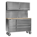 Mobile Stainless Steel Tool Cabinet 10 Drawer with Backboard & 2 Wall Cupboards AP5520SS