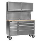 Mobile Stainless Steel Tool Cabinet 10 Drawer with Backboard & 2 Wall Cupboards AP5520SS