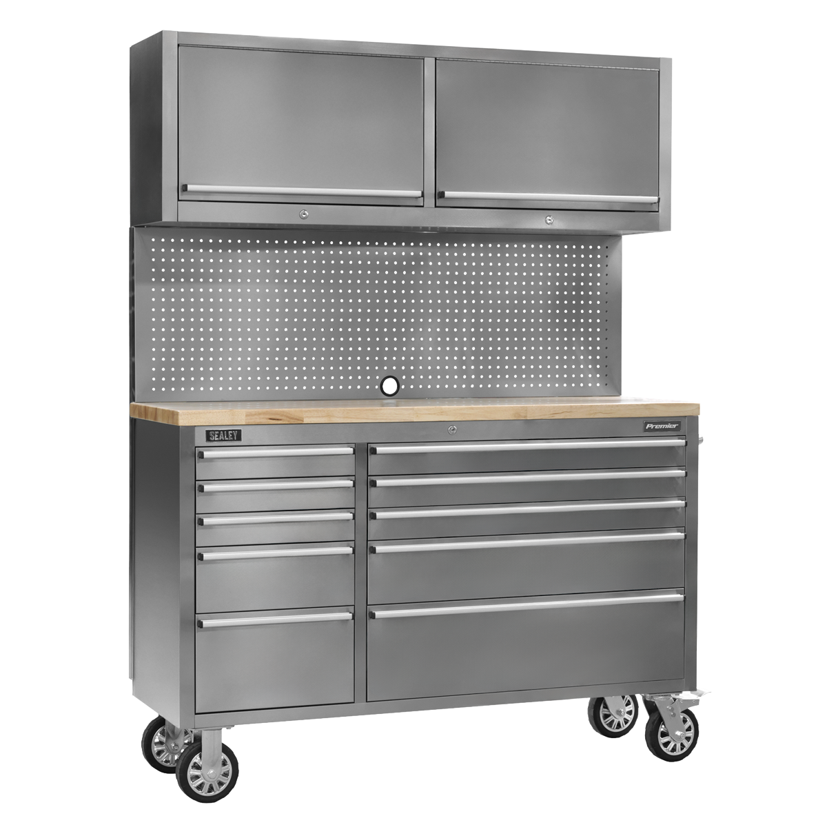 Mobile Stainless Steel Tool Cabinet 10 Drawer with Backboard & 2 Wall Cupboards AP5520SS