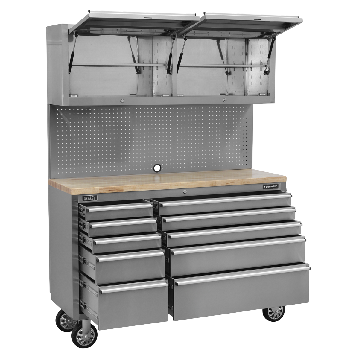 Mobile Stainless Steel Tool Cabinet 10 Drawer with Backboard & 2 Wall Cupboards AP5520SS