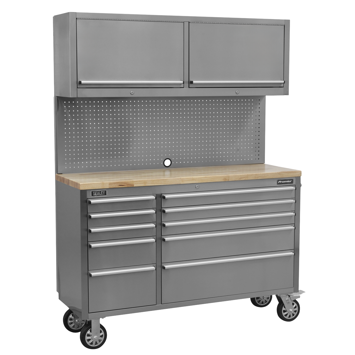 Mobile Stainless Steel Tool Cabinet 10 Drawer with Backboard & 2 Wall Cupboards AP5520SS