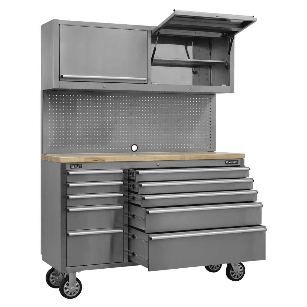 Mobile Stainless Steel Tool Cabinet 10 Drawer with Backboard & 2 Wall Cupboards AP5520SS