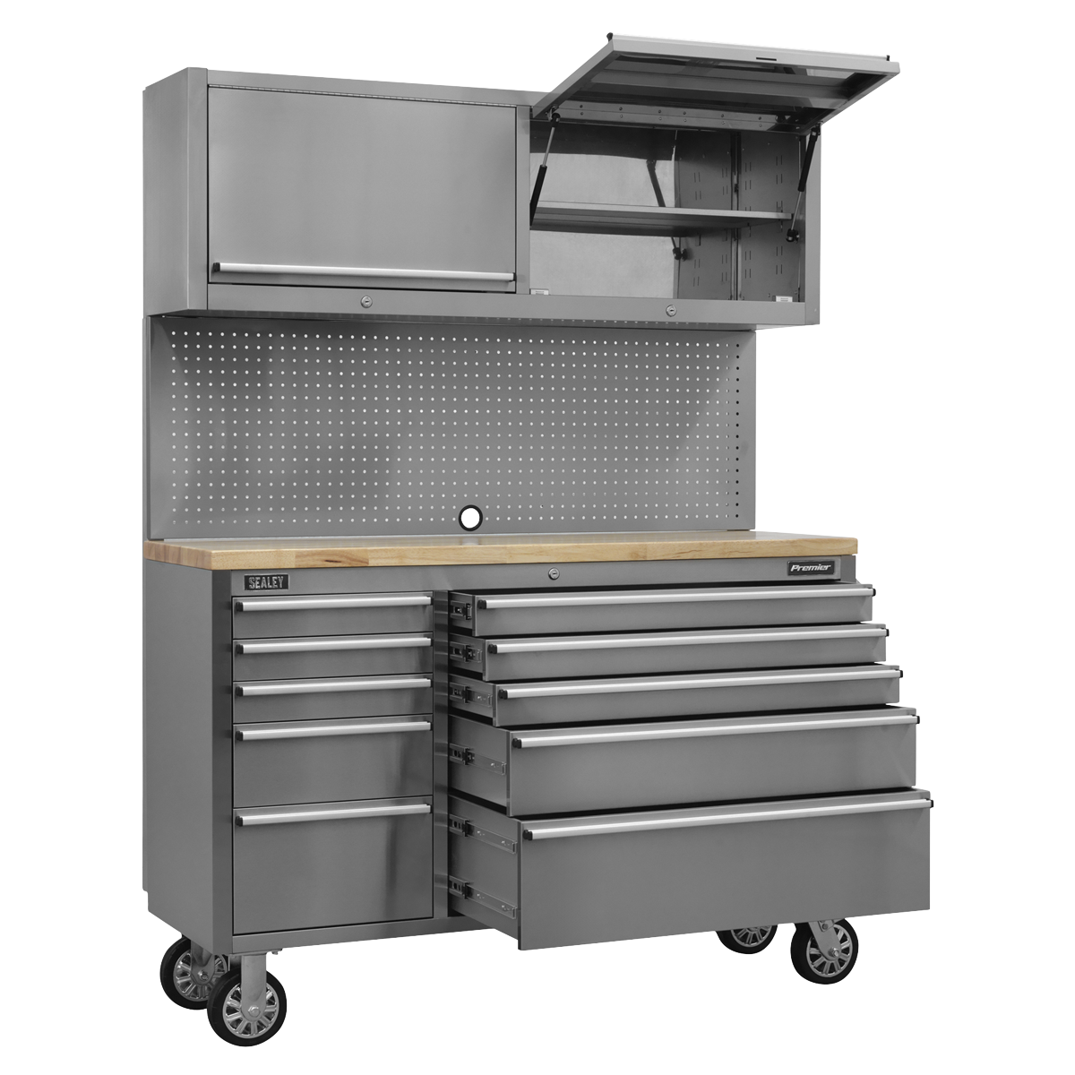 Mobile Stainless Steel Tool Cabinet 10 Drawer with Backboard & 2 Wall Cupboards AP5520SS