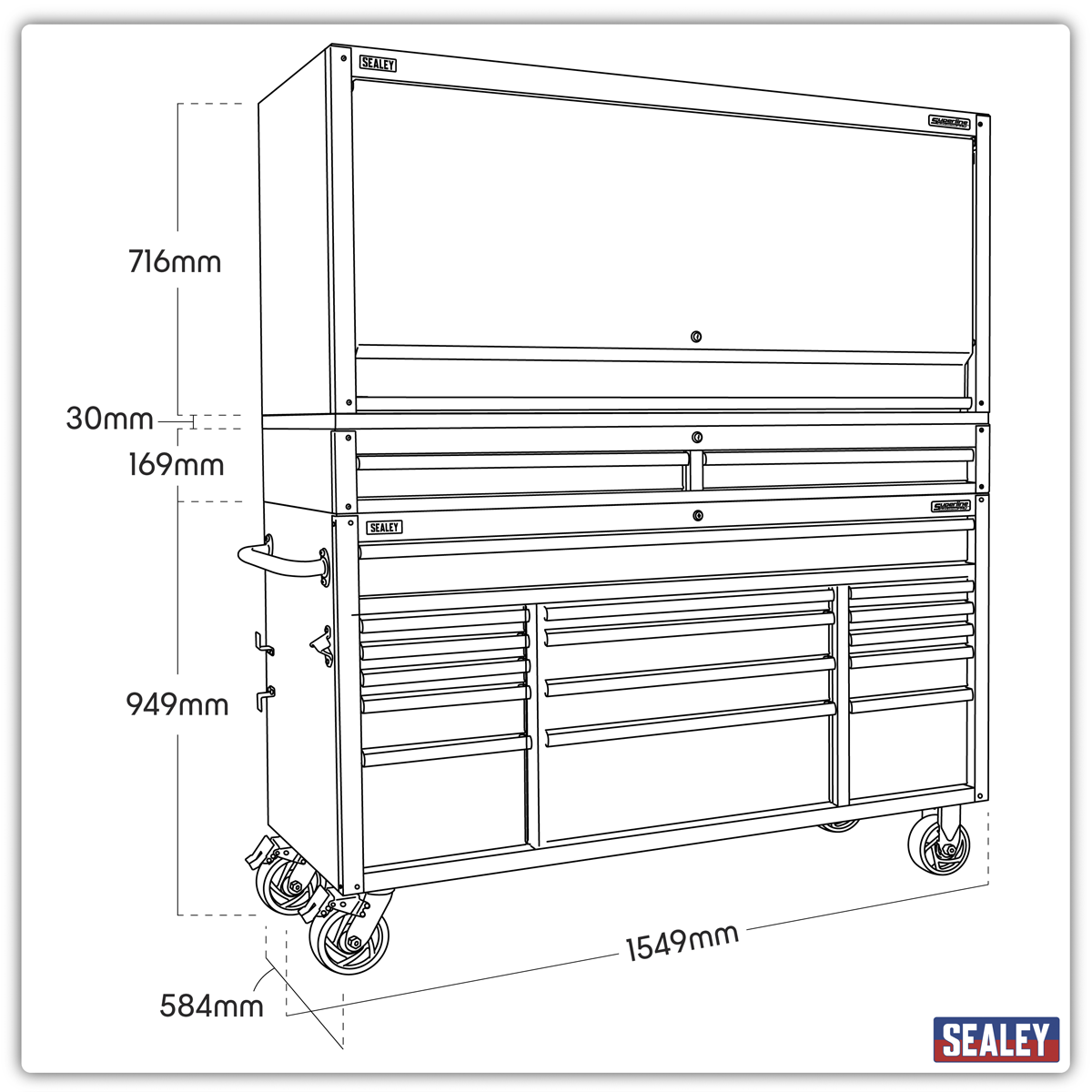 Mobile Trolley with Wooden Worktop, Hutch & 2 Drawer Riser 15 Drawer 1549mm AP6115BECOMBO1
