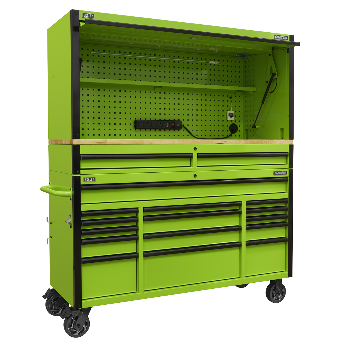 Mobile Trolley with Wooden Worktop, Hutch & 2 Drawer Riser 15 Drawer 1549mm AP6115BECOMBO1
