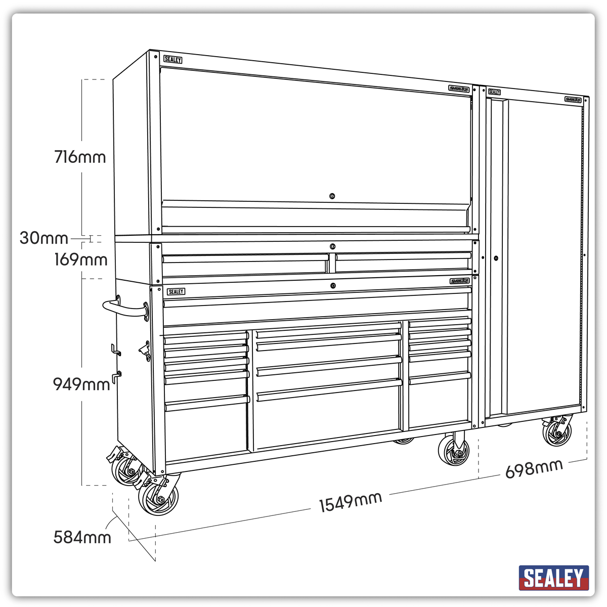 Mobile Trolley with Wooden Worktop, Hutch, 2 Drawer Riser & Side Locker 15 Drawer 1549mm AP6115BECOMBO2