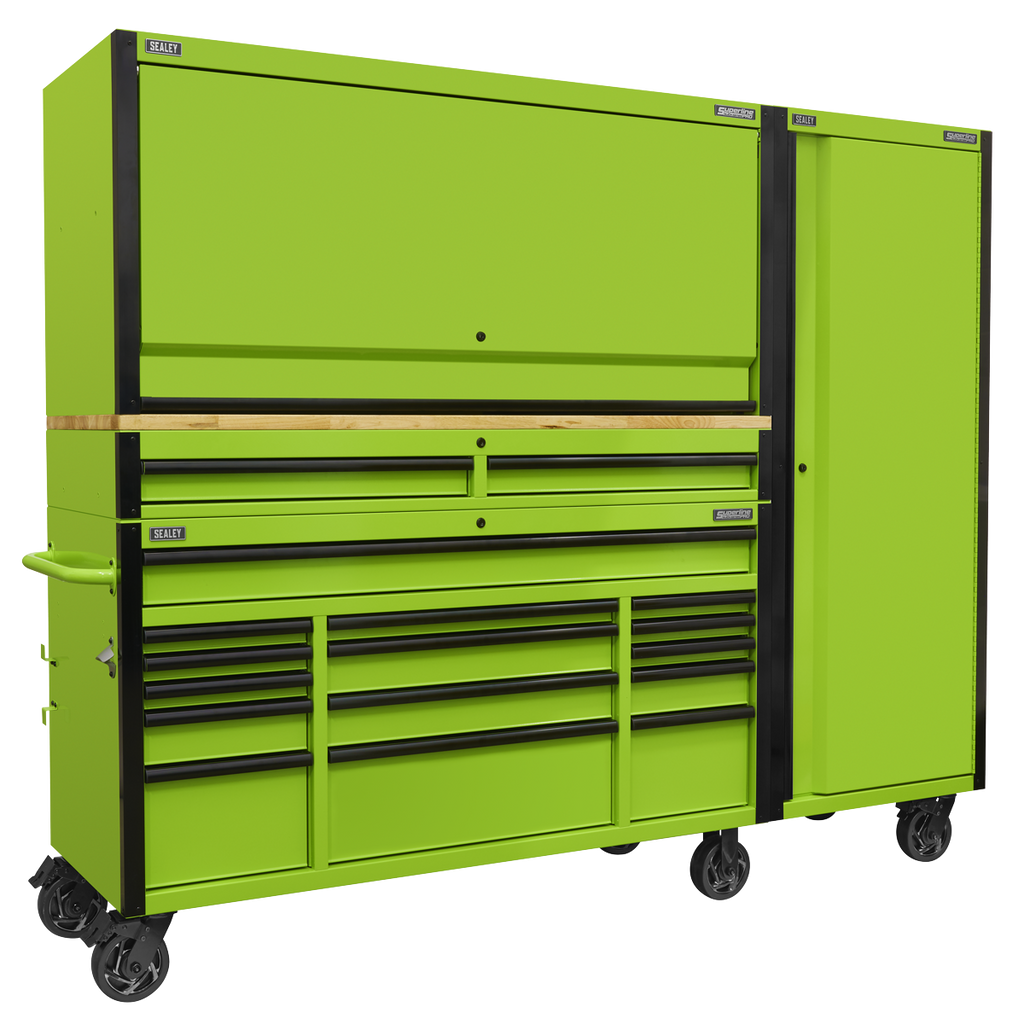 Mobile Trolley with Wooden Worktop, Hutch, 2 Drawer Riser & Side Locker 15 Drawer 1549mm AP6115BECOMBO2