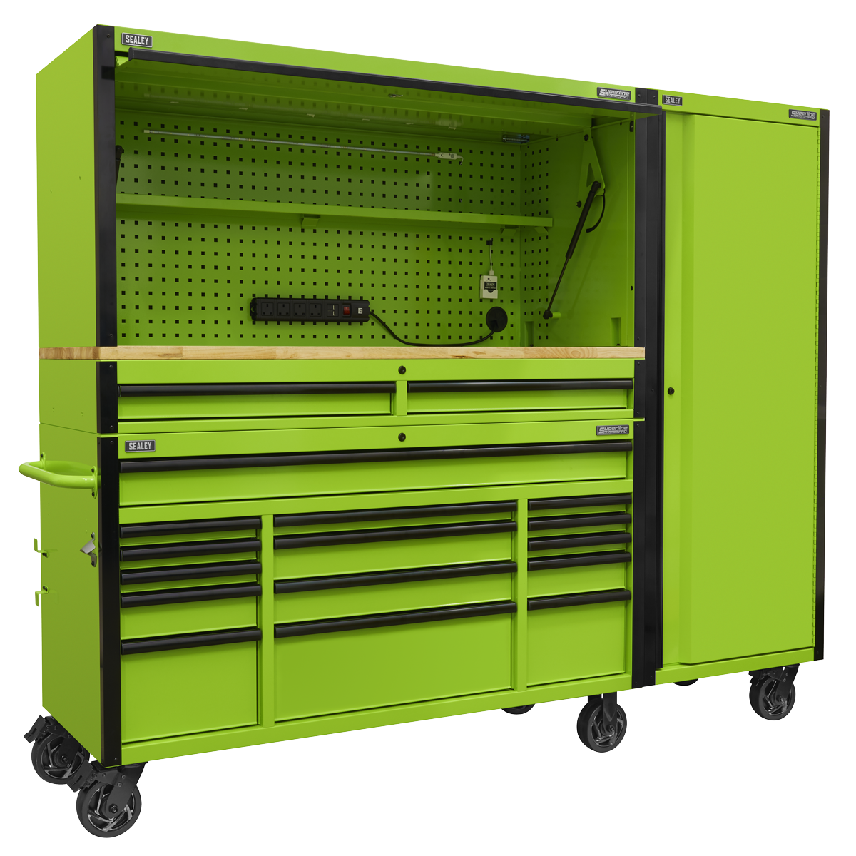 Mobile Trolley with Wooden Worktop, Hutch, 2 Drawer Riser & Side Locker 15 Drawer 1549mm AP6115BECOMBO2