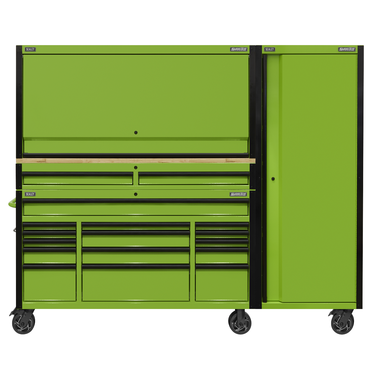 Mobile Trolley with Wooden Worktop, Hutch, 2 Drawer Riser & Side Locker 15 Drawer 1549mm AP6115BECOMBO2