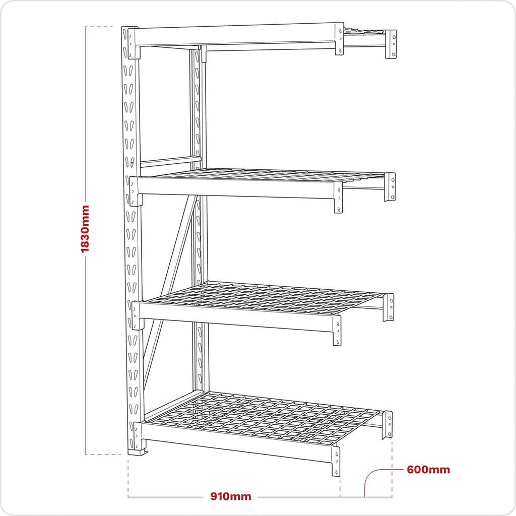 Heavy-Duty Racking Extension Pack with 4 Mesh Shelves 640kg Capacity Per Level AP6372E