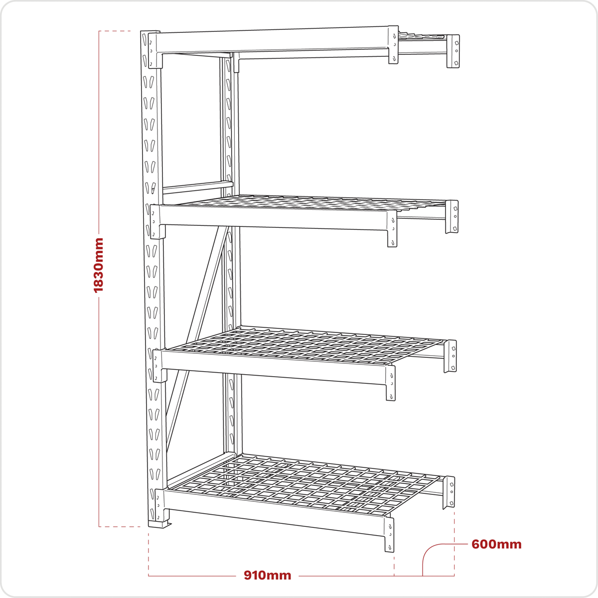Heavy-Duty Racking Extension Pack with 4 Mesh Shelves 640kg Capacity Per Level AP6372E