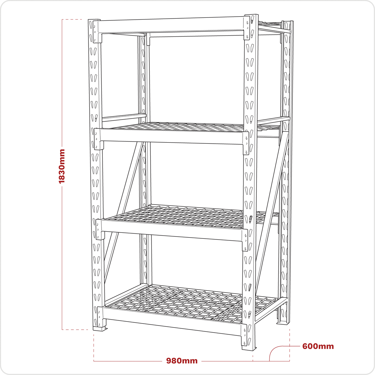 Heavy-Duty Racking Unit with 4 Mesh Shelves 640kg Capacity Per Level AP6372