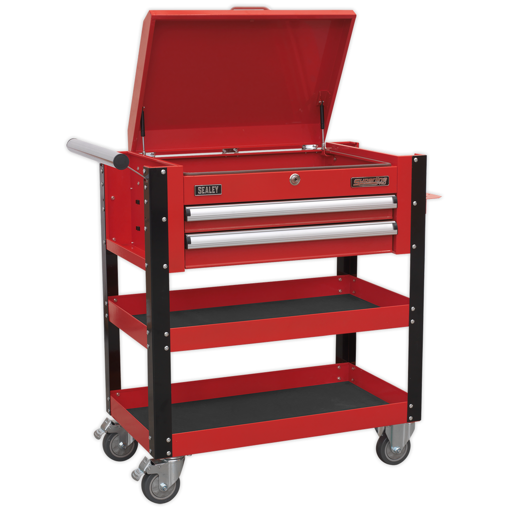 Heavy-Duty Mobile Tool & Parts Trolley with Lockable Top & 2 Drawers - Red AP760M