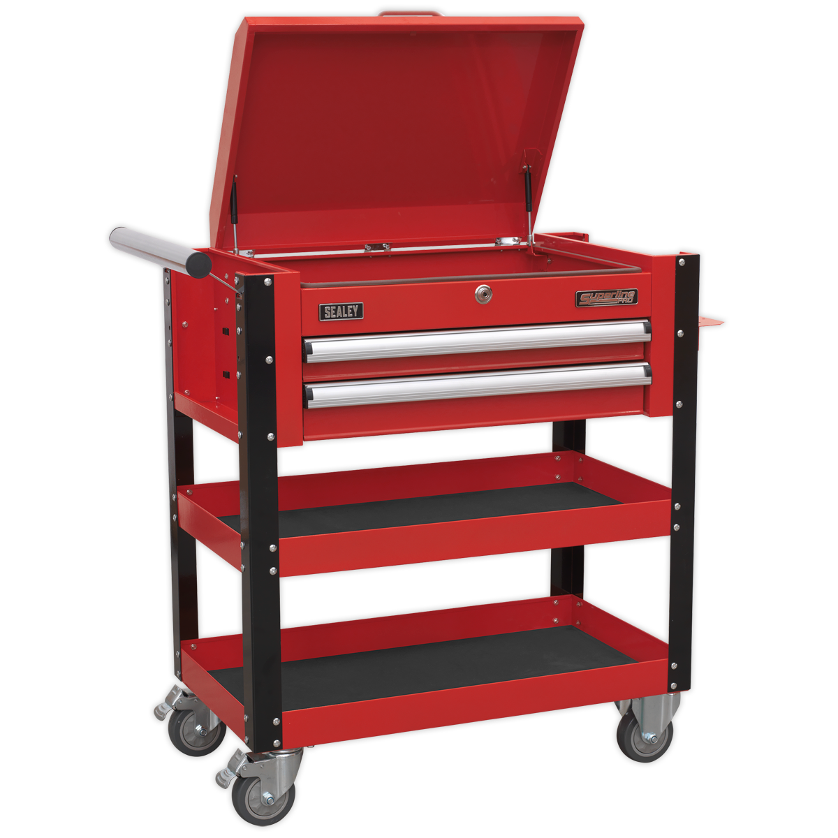 Heavy-Duty Mobile Tool & Parts Trolley with Lockable Top & 2 Drawers - Red AP760M