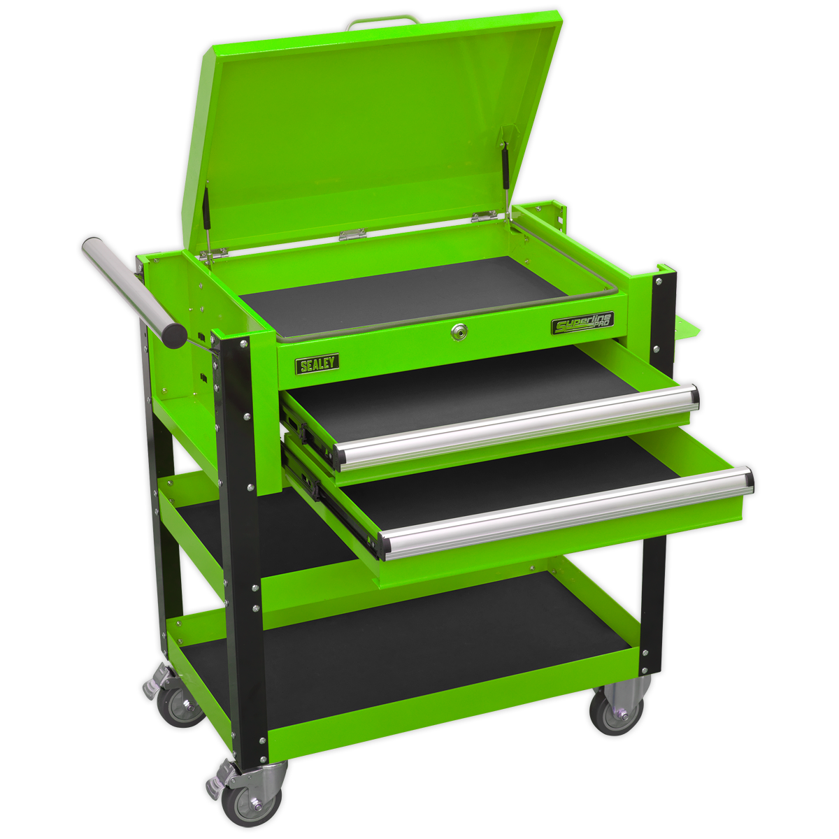 Heavy-Duty Mobile Tool & Parts Trolley with Lockable Top & 2 Drawers - Green AP760MHV