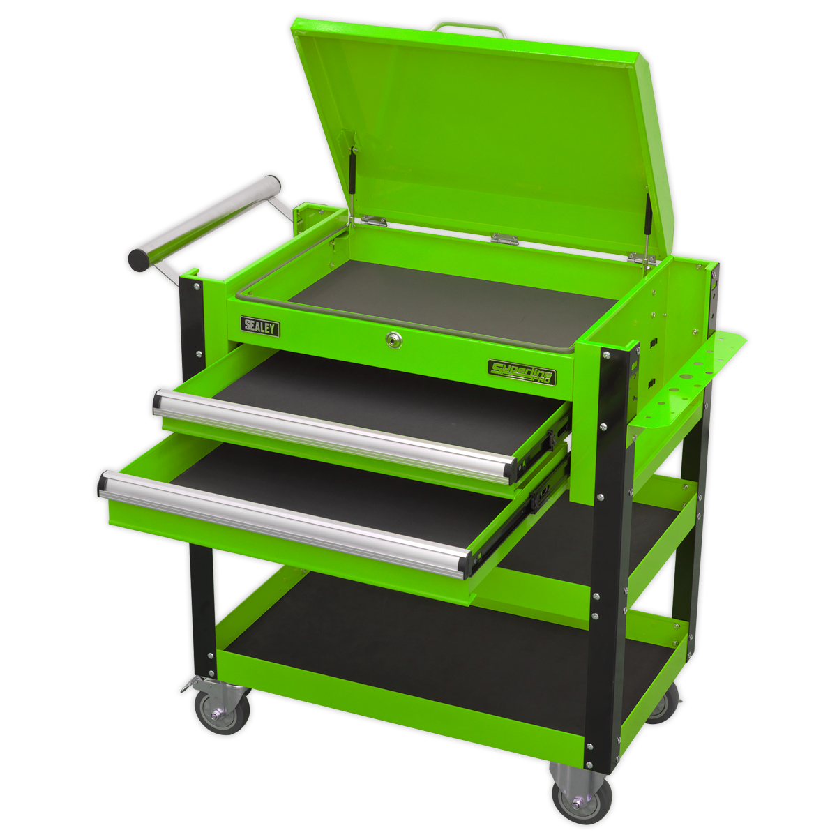 Heavy-Duty Mobile Tool & Parts Trolley with Lockable Top & 2 Drawers - Green AP760MHV