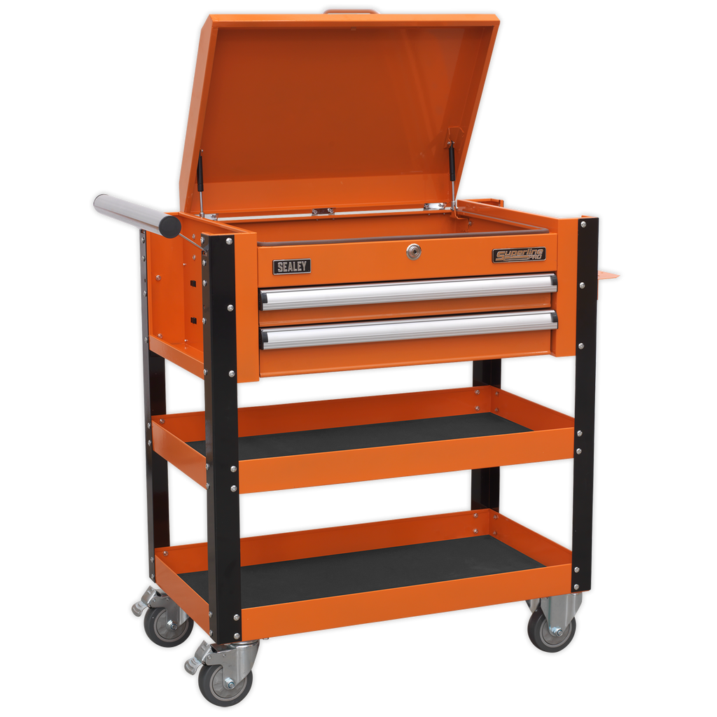 Superline PRO® Heavy-Duty Mobile Tool & Parts Trolley with Lockable Top & 2 Drawers - Orange AP760MO