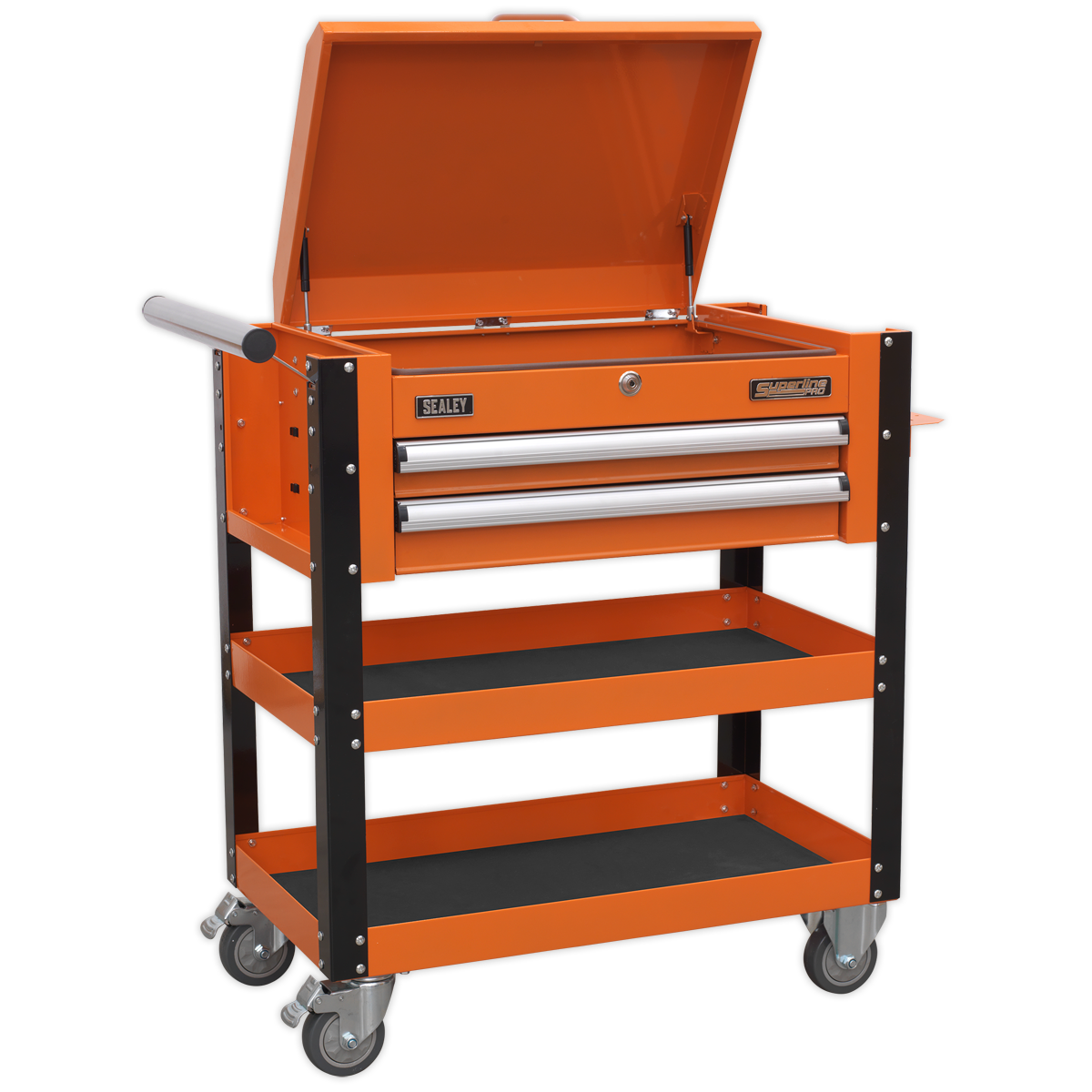 Superline PRO® Heavy-Duty Mobile Tool & Parts Trolley with Lockable Top & 2 Drawers - Orange AP760MO