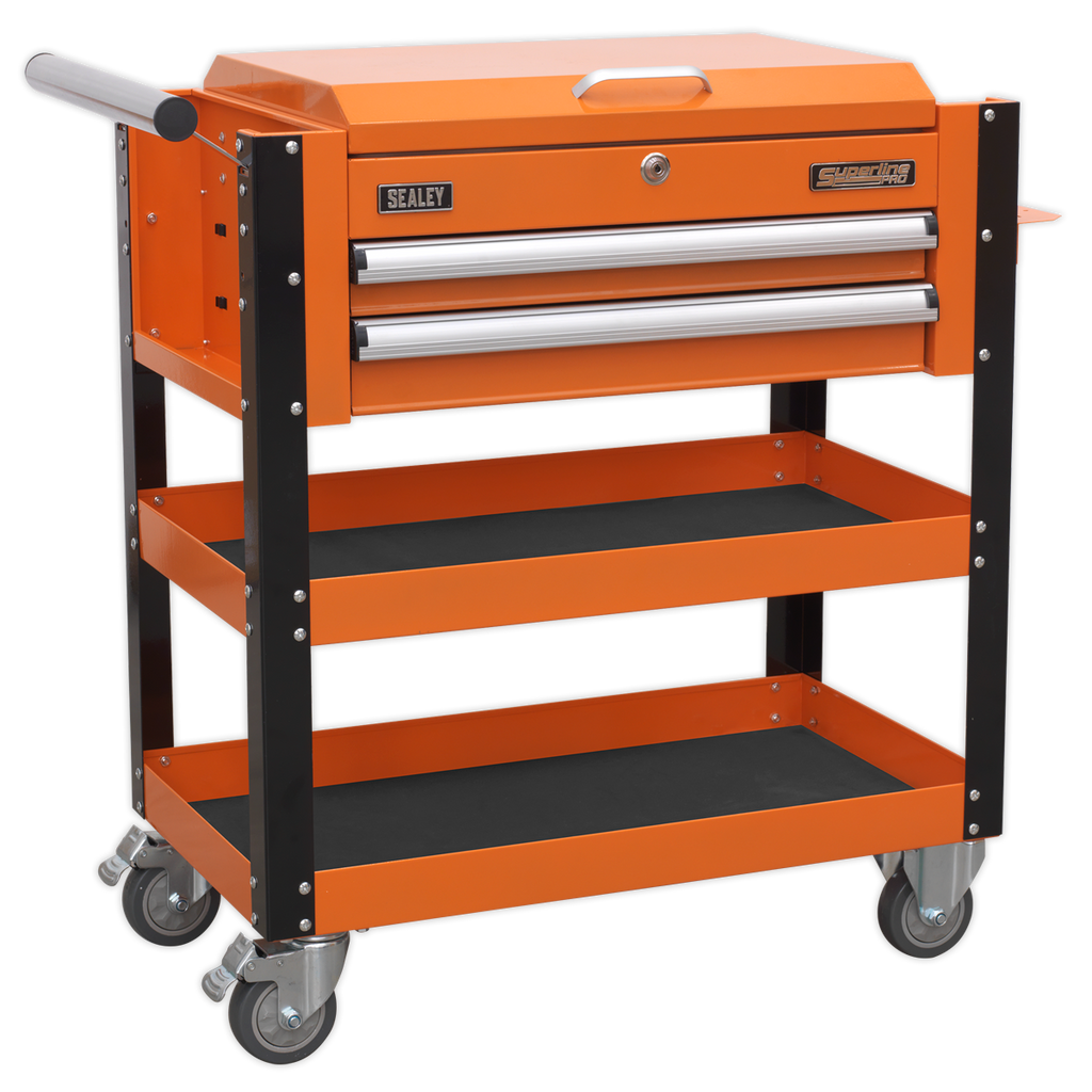 Superline PRO® Heavy-Duty Mobile Tool & Parts Trolley with Lockable Top & 2 Drawers - Orange AP760MO