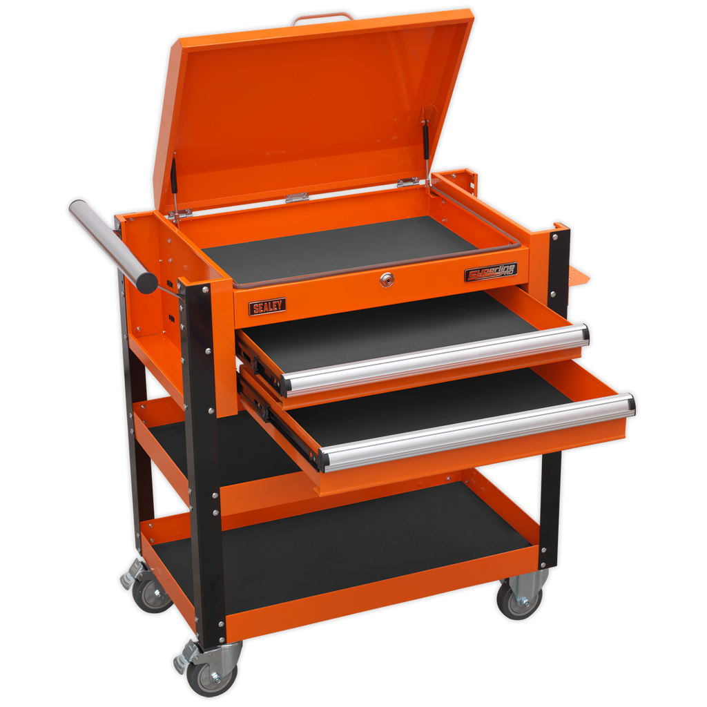 Superline PRO® Heavy-Duty Mobile Tool & Parts Trolley with Lockable Top & 2 Drawers - Orange AP760MO