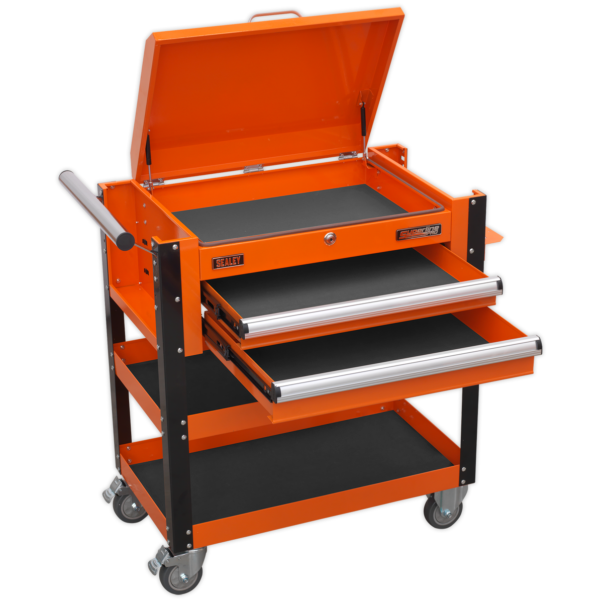 Superline PRO® Heavy-Duty Mobile Tool & Parts Trolley with Lockable Top & 2 Drawers - Orange AP760MO