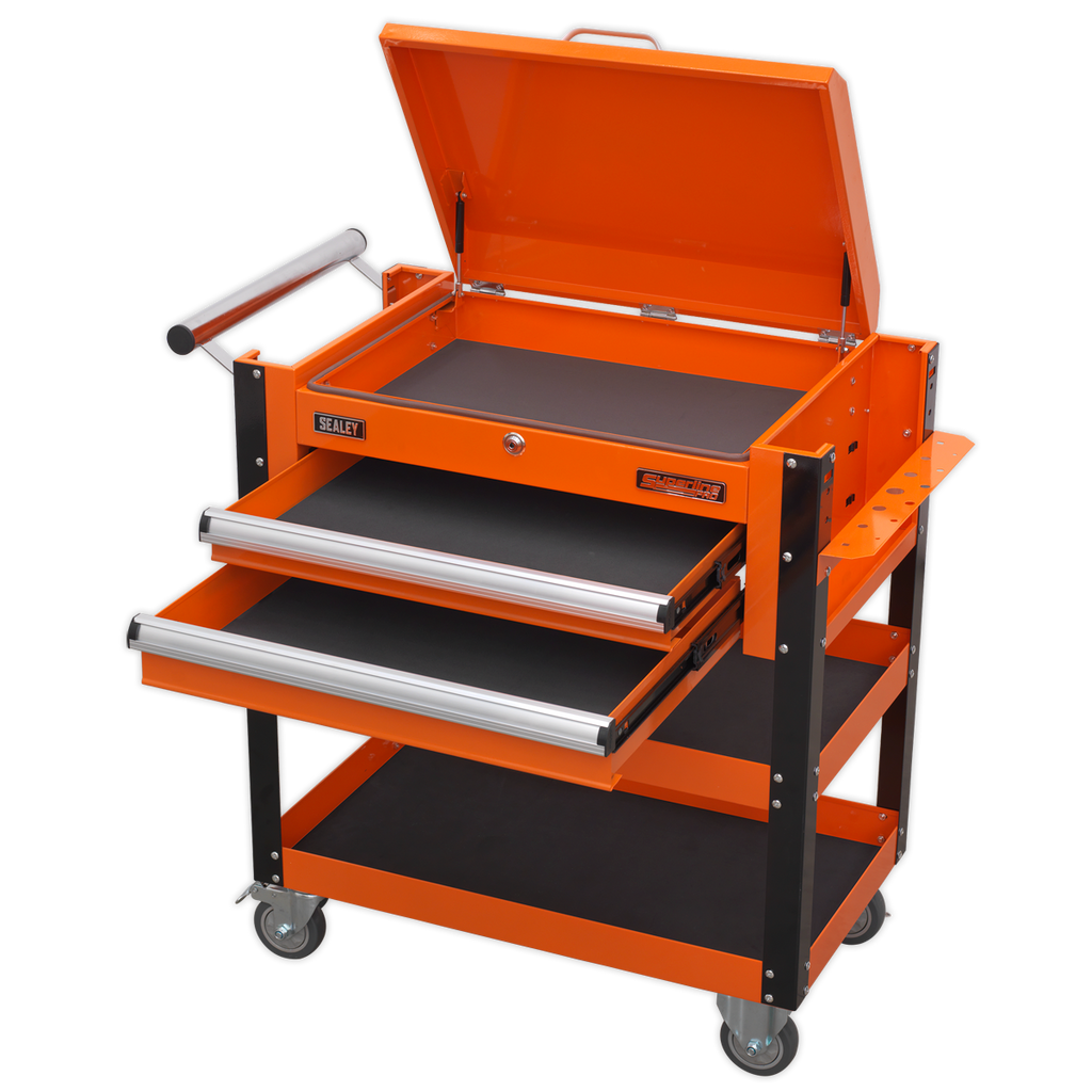 Superline PRO® Heavy-Duty Mobile Tool & Parts Trolley with Lockable Top & 2 Drawers - Orange AP760MO