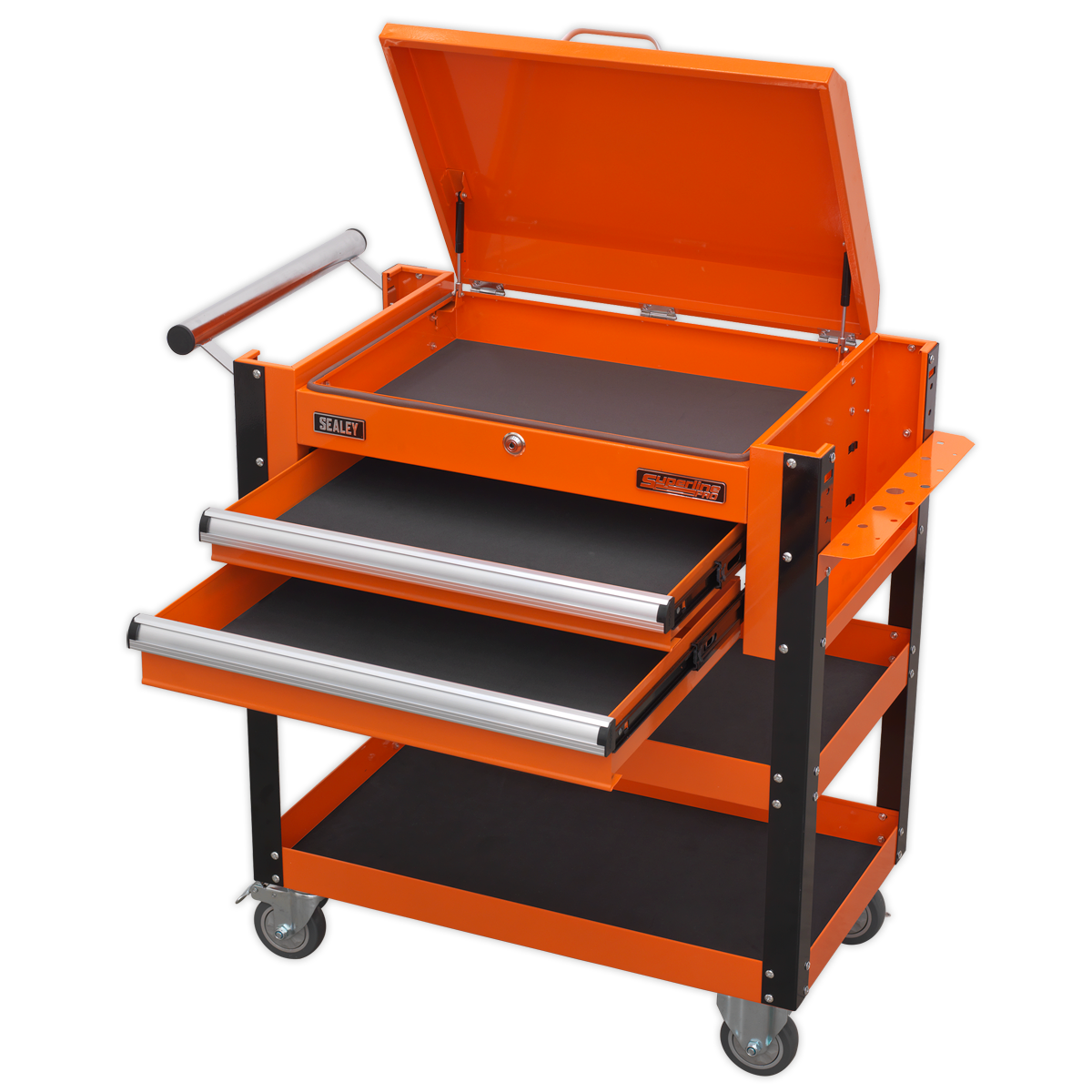 Superline PRO® Heavy-Duty Mobile Tool & Parts Trolley with Lockable Top & 2 Drawers - Orange AP760MO
