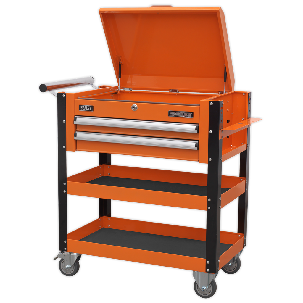 Superline PRO® Heavy-Duty Mobile Tool & Parts Trolley with Lockable Top & 2 Drawers - Orange AP760MO