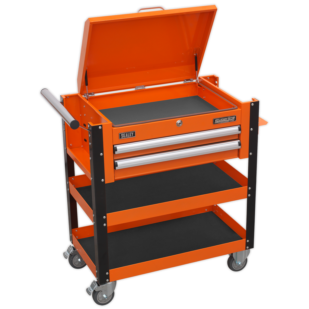 Superline PRO® Heavy-Duty Mobile Tool & Parts Trolley with Lockable Top & 2 Drawers - Orange AP760MO
