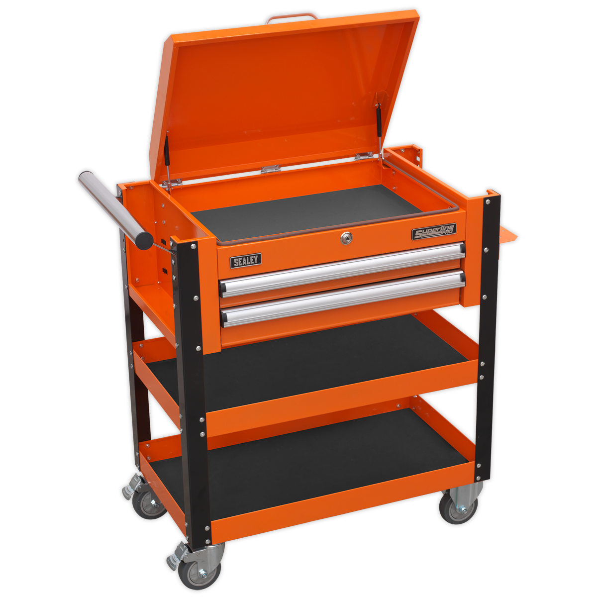 Superline PRO® Heavy-Duty Mobile Tool & Parts Trolley with Lockable Top & 2 Drawers - Orange AP760MO