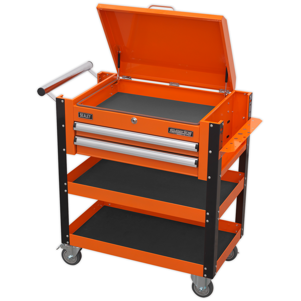 Superline PRO® Heavy-Duty Mobile Tool & Parts Trolley with Lockable Top & 2 Drawers - Orange AP760MO