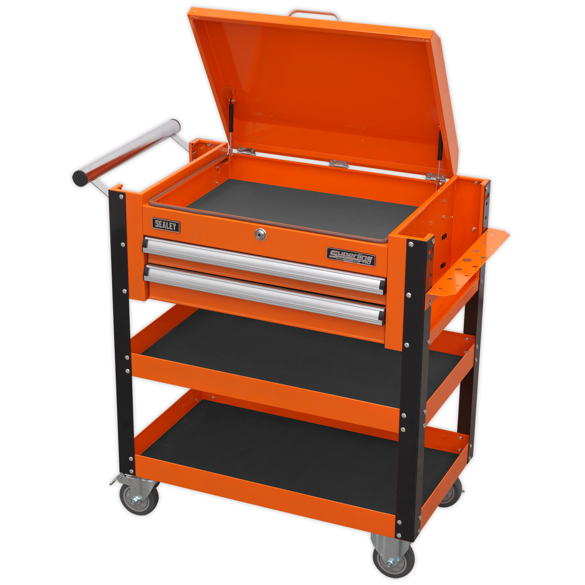 Superline PRO® Heavy-Duty Mobile Tool & Parts Trolley with Lockable Top & 2 Drawers - Orange AP760MO