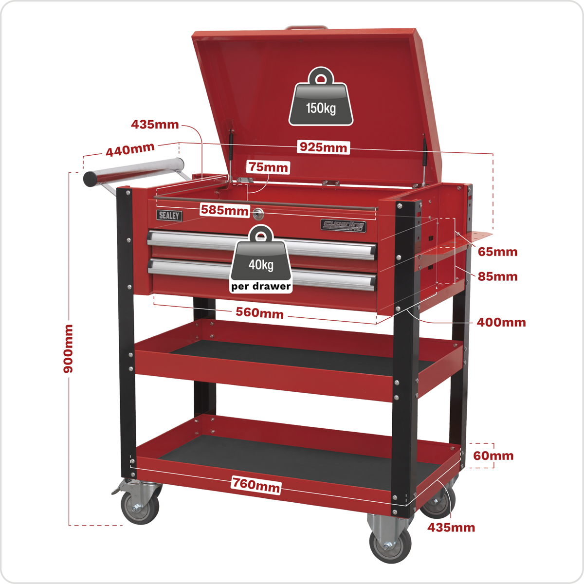Heavy-Duty Mobile Tool & Parts Trolley with Lockable Top & 2 Drawers - Red AP760M