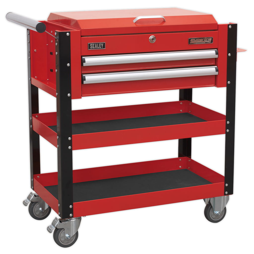 Heavy-Duty Mobile Tool & Parts Trolley with Lockable Top & 2 Drawers - Red AP760M