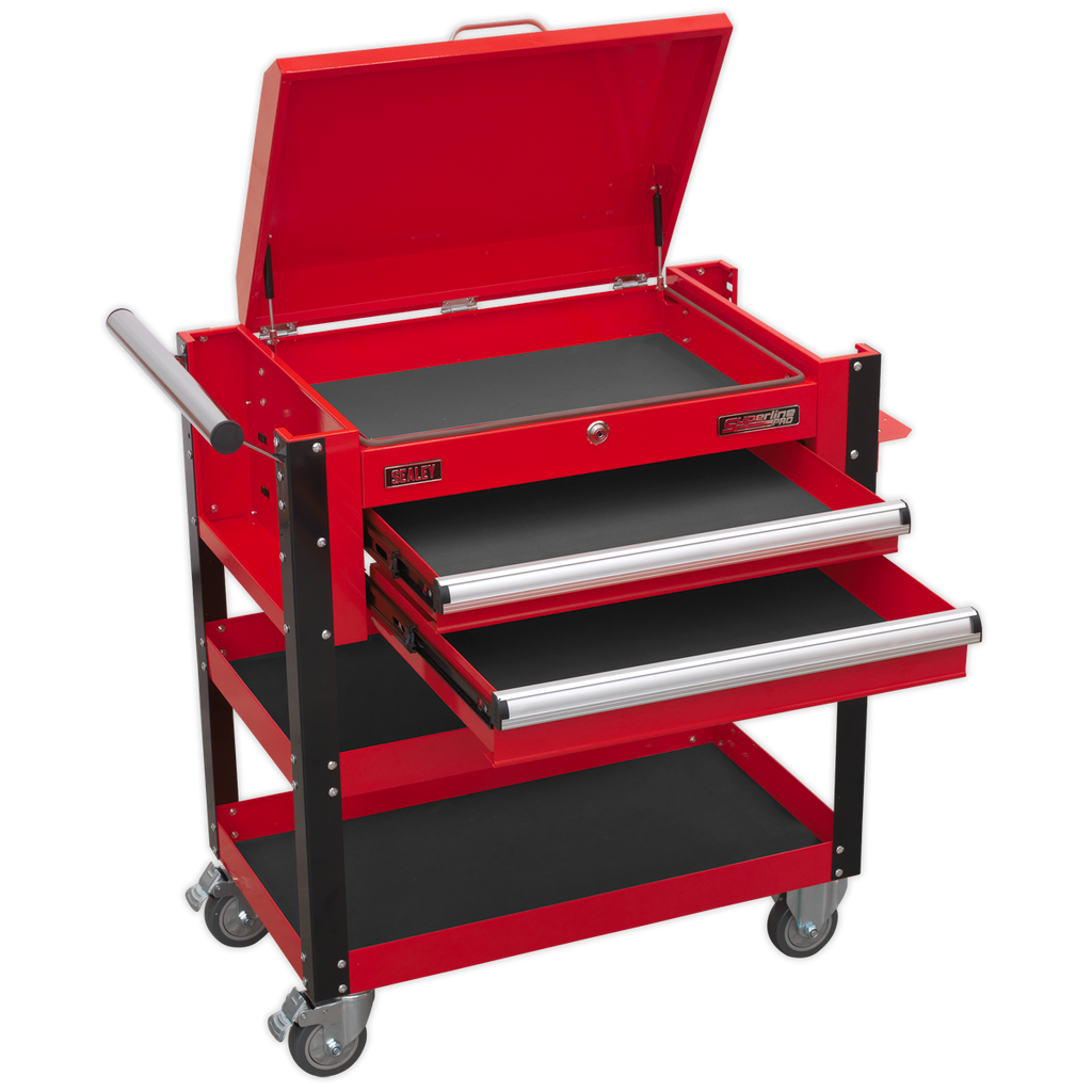 Heavy-Duty Mobile Tool & Parts Trolley with Lockable Top & 2 Drawers - Red AP760M