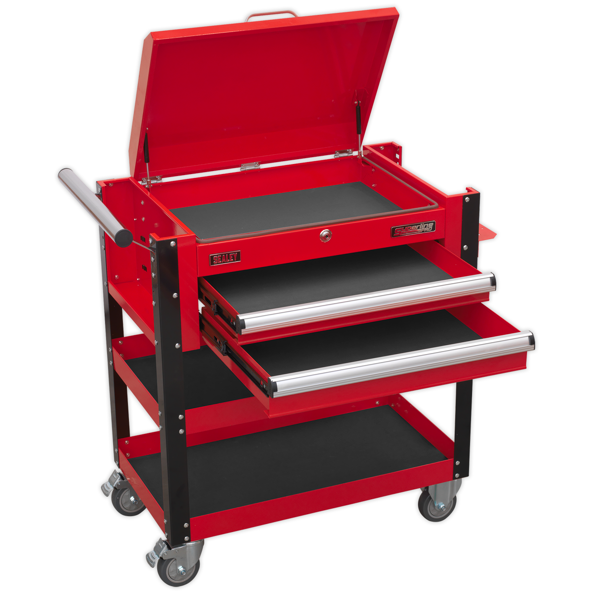 Heavy-Duty Mobile Tool & Parts Trolley with Lockable Top & 2 Drawers - Red AP760M