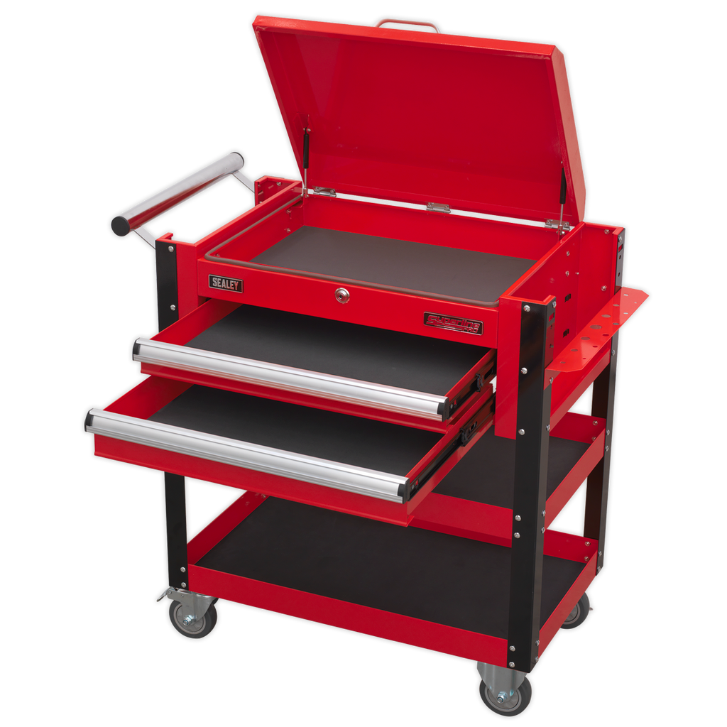 Heavy-Duty Mobile Tool & Parts Trolley with Lockable Top & 2 Drawers - Red AP760M