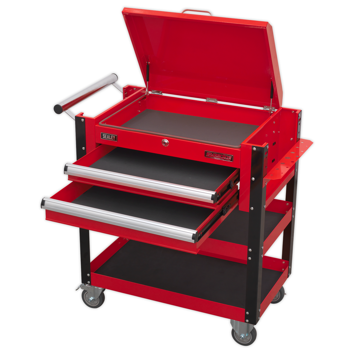 Heavy-Duty Mobile Tool & Parts Trolley with Lockable Top & 2 Drawers - Red AP760M