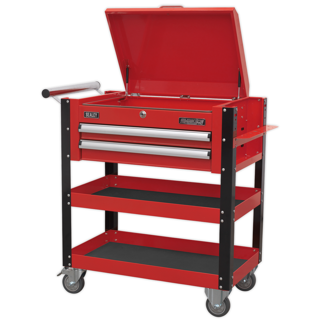 Heavy-Duty Mobile Tool & Parts Trolley with Lockable Top & 2 Drawers - Red AP760M